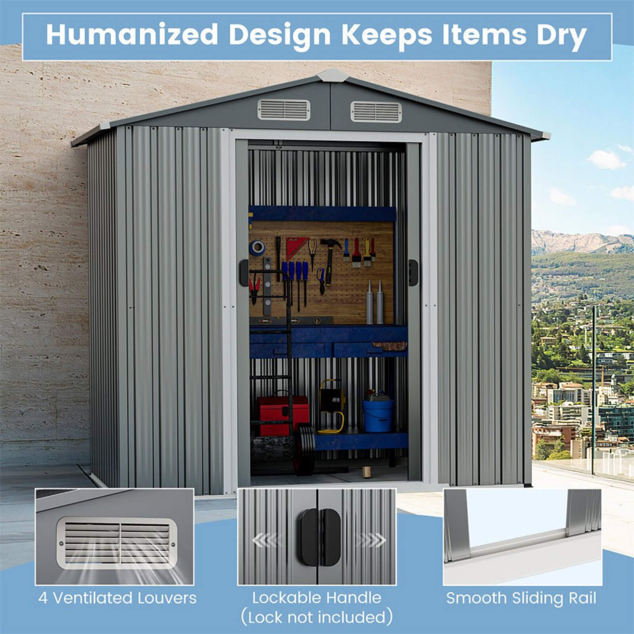 [04X06FT] Alora Premium Garden Galvanized Steel Storage Shed W/ Lockable Sliding Doors (SAK75842)