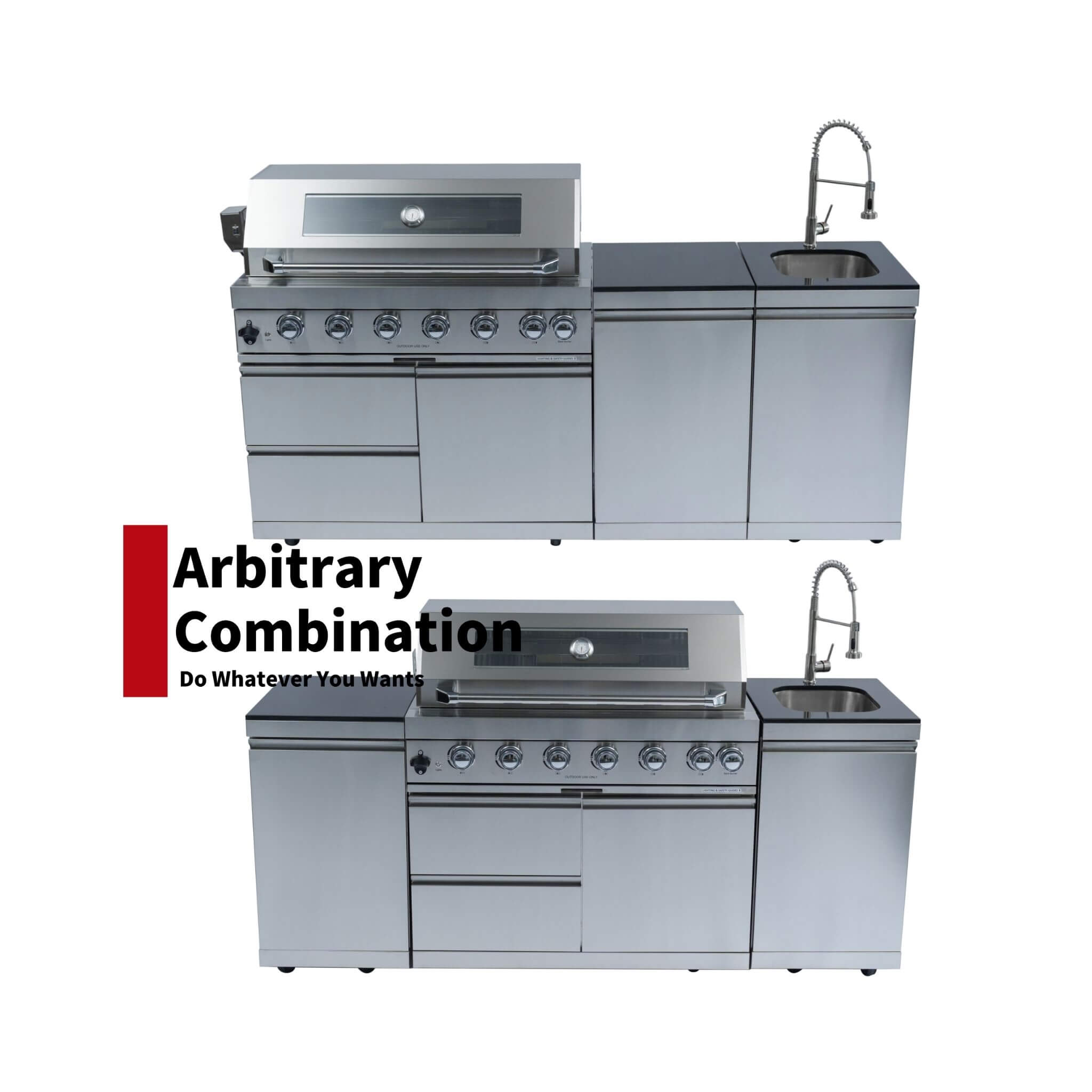 Castelle Flame Outdoor BBQ Kitchen Island With 43-Inch 6-Burner 85K BTU Propane Gas Grill, Rotisserie Kit, And Storage Cabinets (SAK95623)
