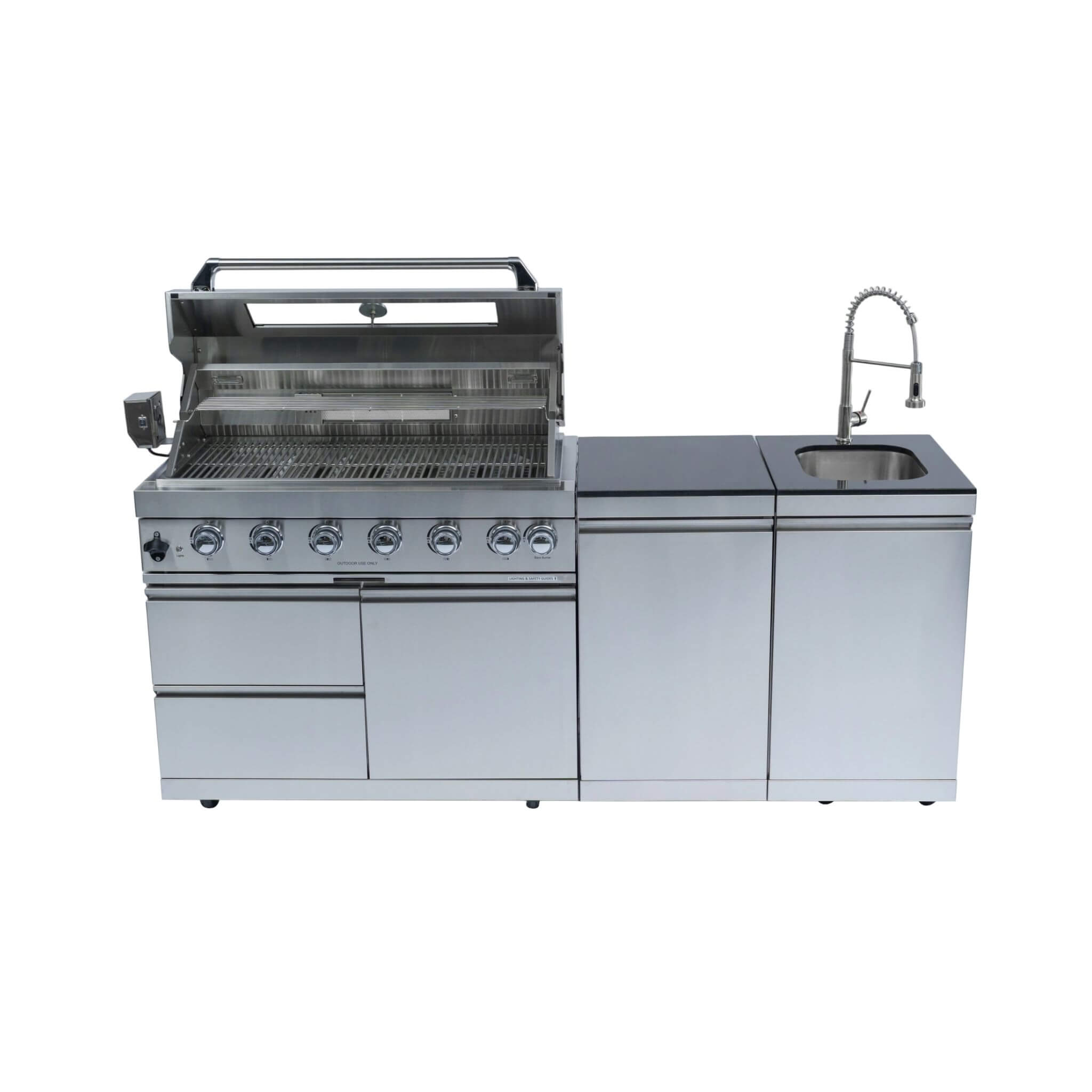 Castelle Flame Outdoor BBQ Kitchen Island With 43-Inch 6-Burner 85K BTU Propane Gas Grill, Rotisserie Kit, And Storage Cabinets (SAK95623)