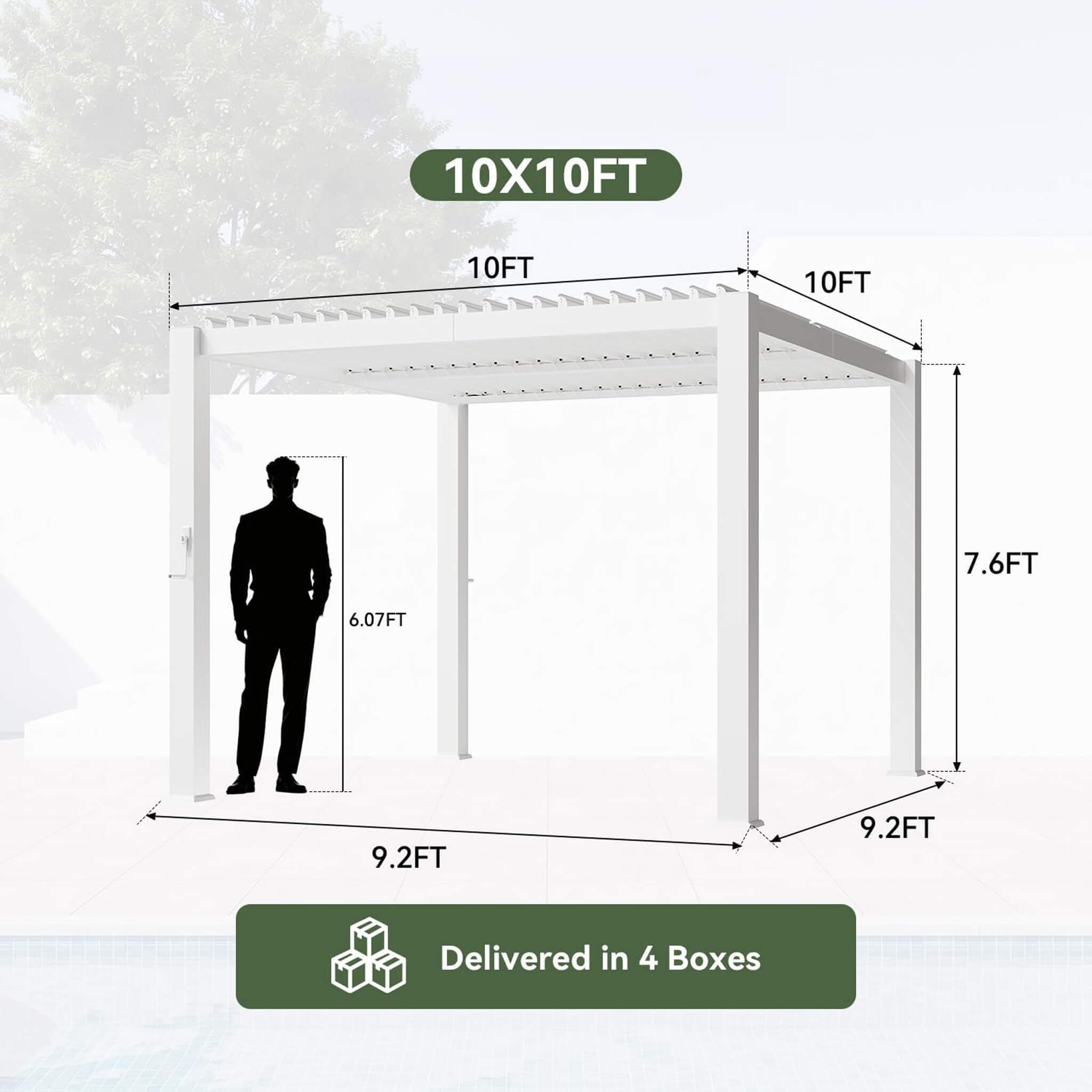 Outdoor Metal Pergola with Adjustable Louvered Roof and Built-In Drainage System