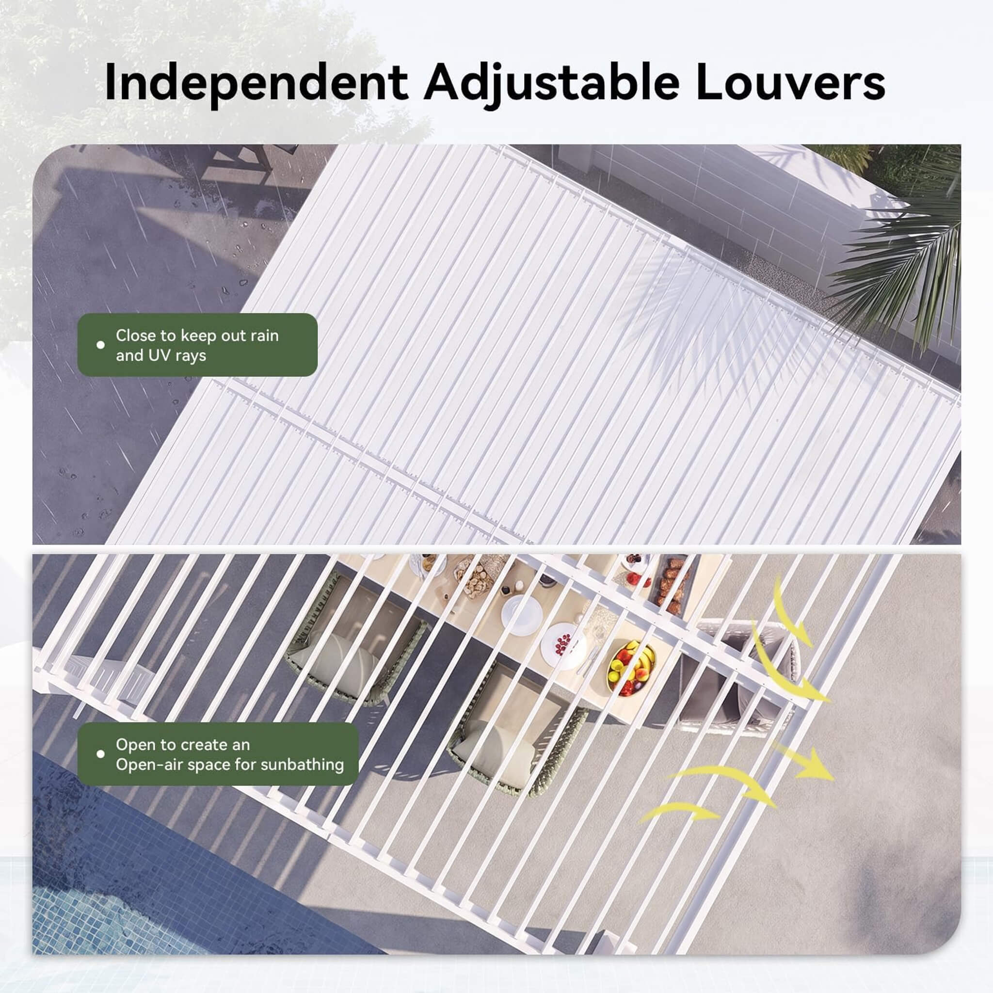 Outdoor Metal Pergola with Adjustable Louvered Roof and Built-In Drainage System