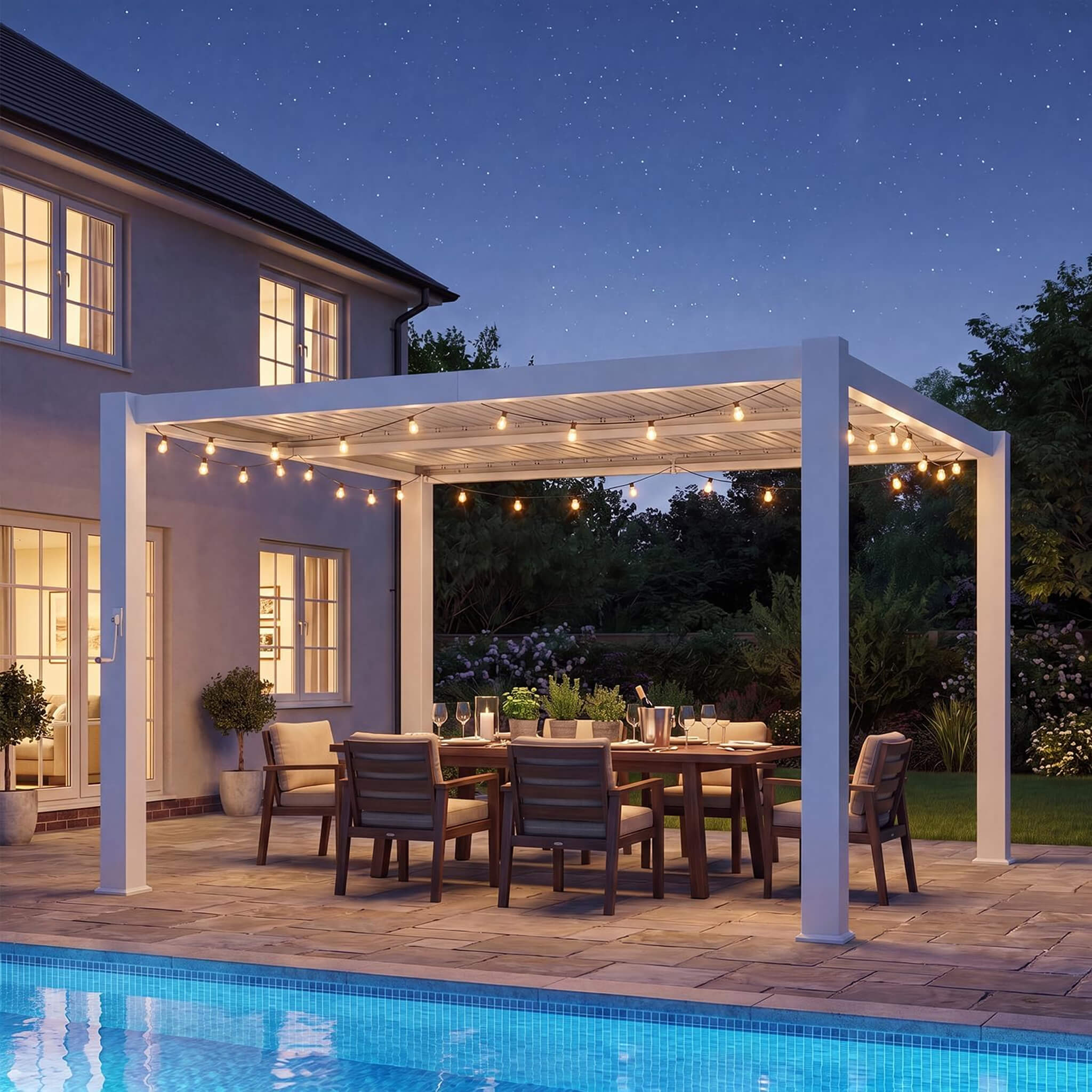 Outdoor Metal Pergola with Adjustable Louvered Roof and Built-In Drainage System