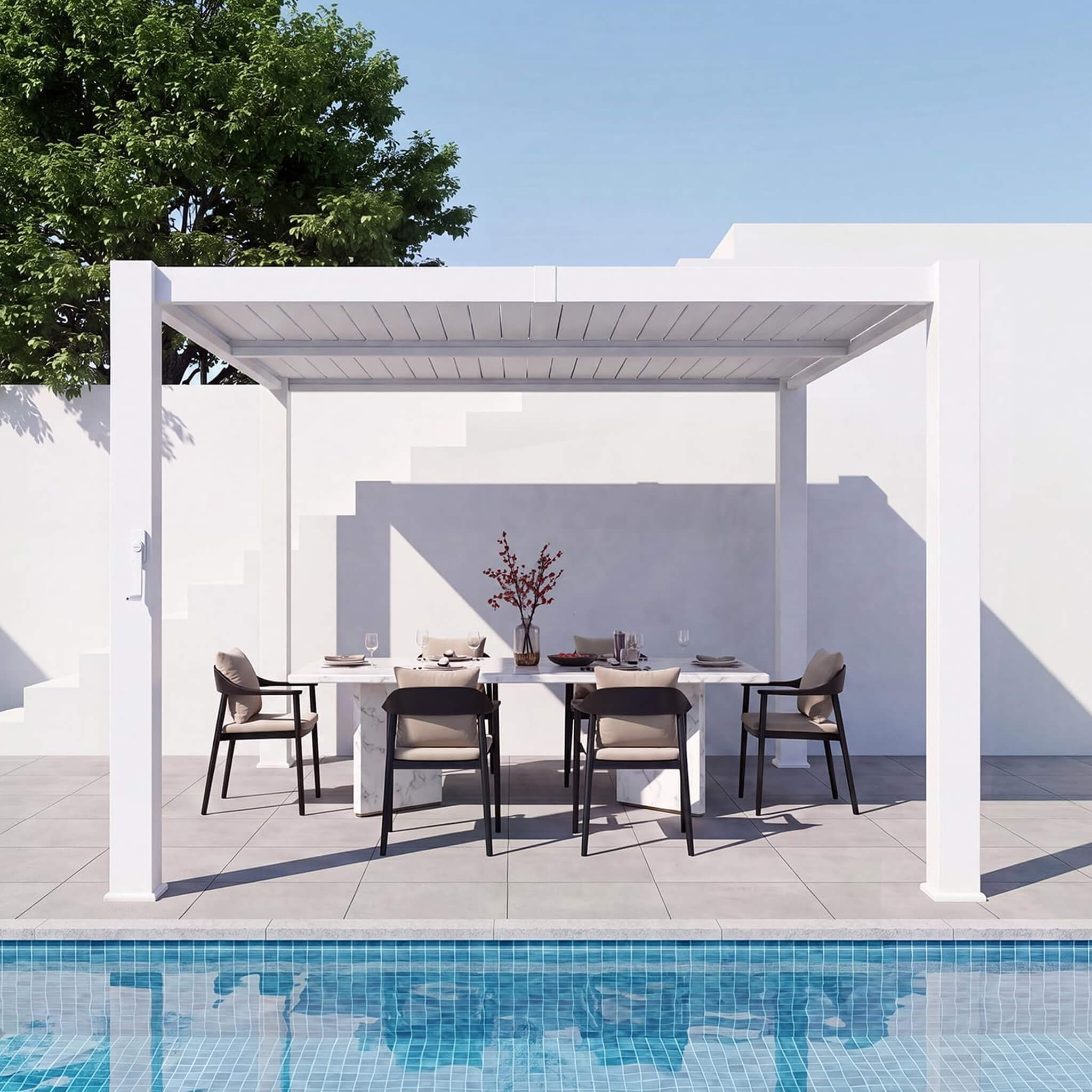 Outdoor Metal Pergola with Adjustable Louvered Roof and Built-In Drainage System