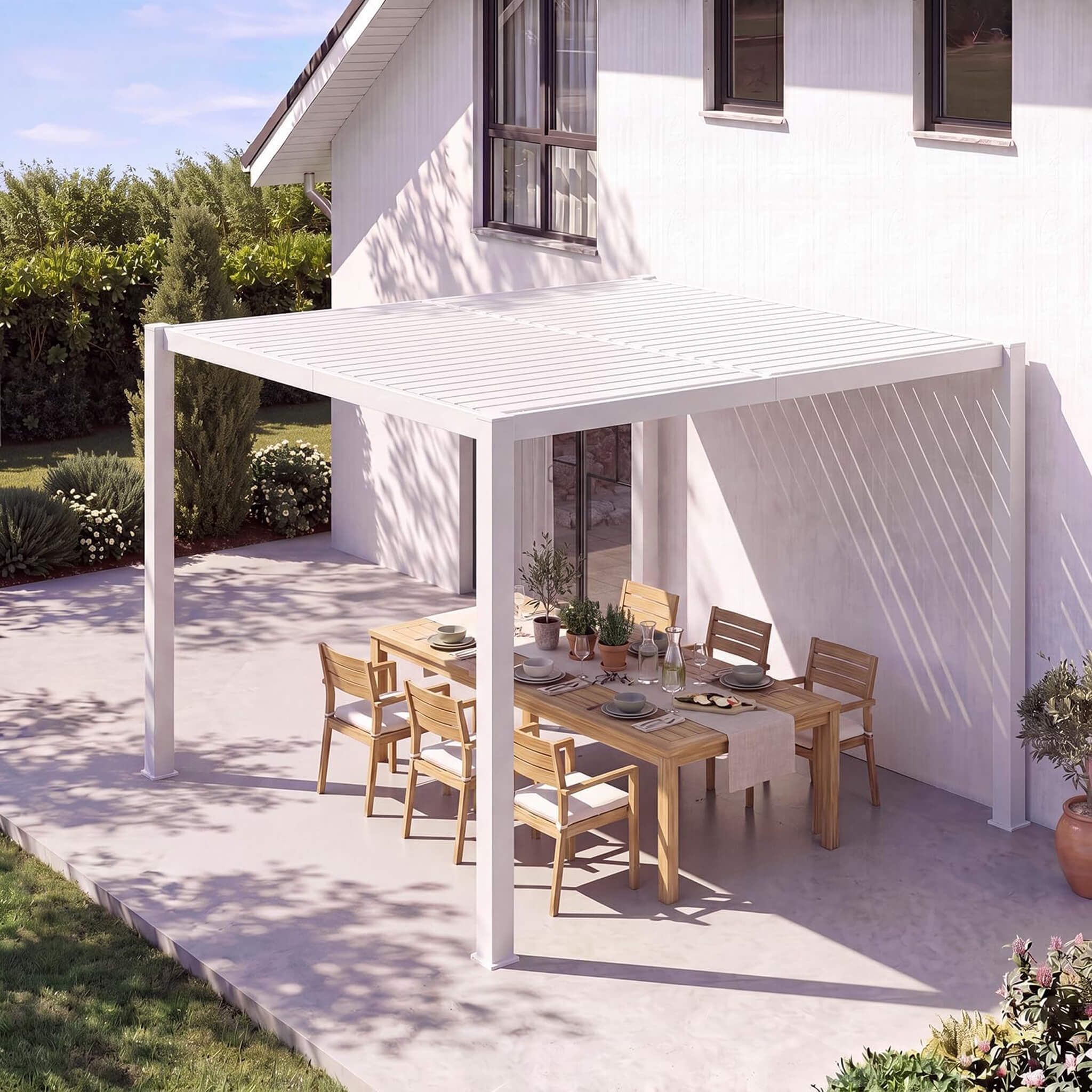 Outdoor Metal Pergola with Adjustable Louvered Roof and Built-In Drainage System