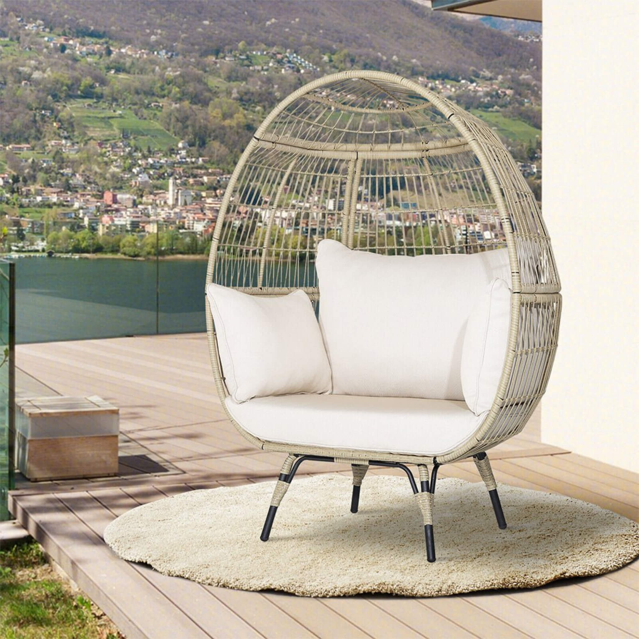 Premium Oversized Rattan Patio Egg Lounge Chair Basket With Cushions, 57" (SAK91684)