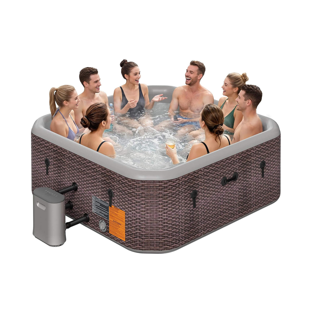 Premium 85-Inch Portable 8-Person Classic Rattan Design Inflatable Square Hot Tub With 220 Massage Jets
