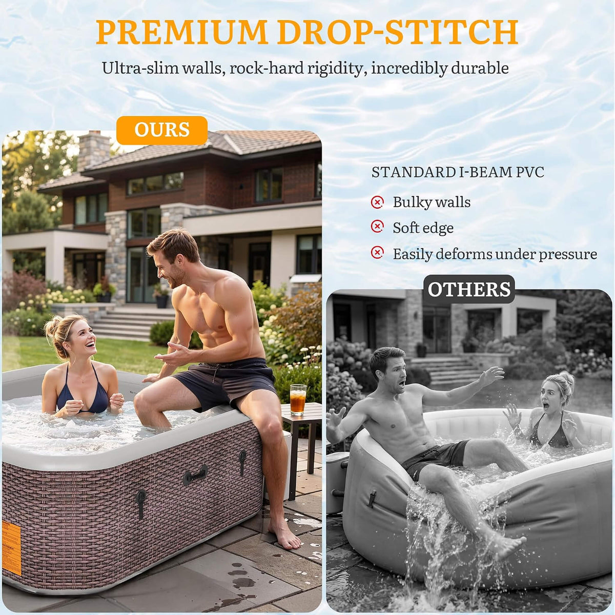Premium 85-Inch Portable 8-Person Classic Rattan Design Inflatable Square Hot Tub With 220 Massage Jets