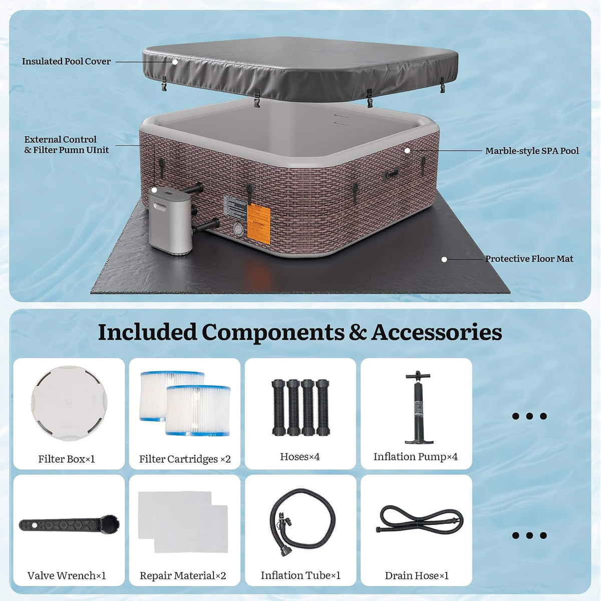 Premium 85-Inch Portable 8-Person Classic Rattan Design Inflatable Square Hot Tub With 220 Massage Jets