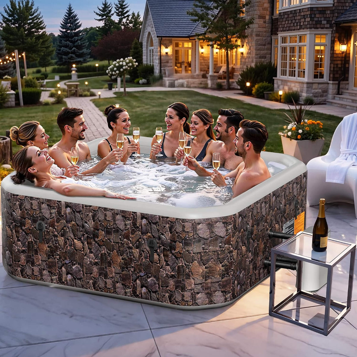 Premium 85-Inch Portable 8-Person Natural Stone Design Inflatable Square Hot Tub With 220 Massage Jets