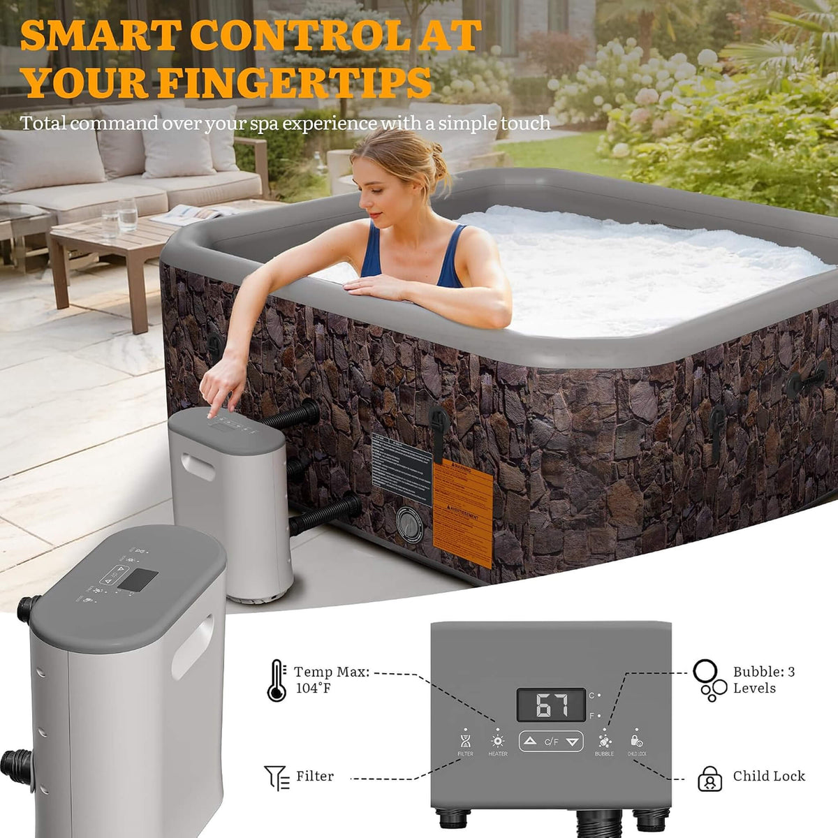 Premium 85-Inch Portable 8-Person Natural Stone Design Inflatable Square Hot Tub With 220 Massage Jets