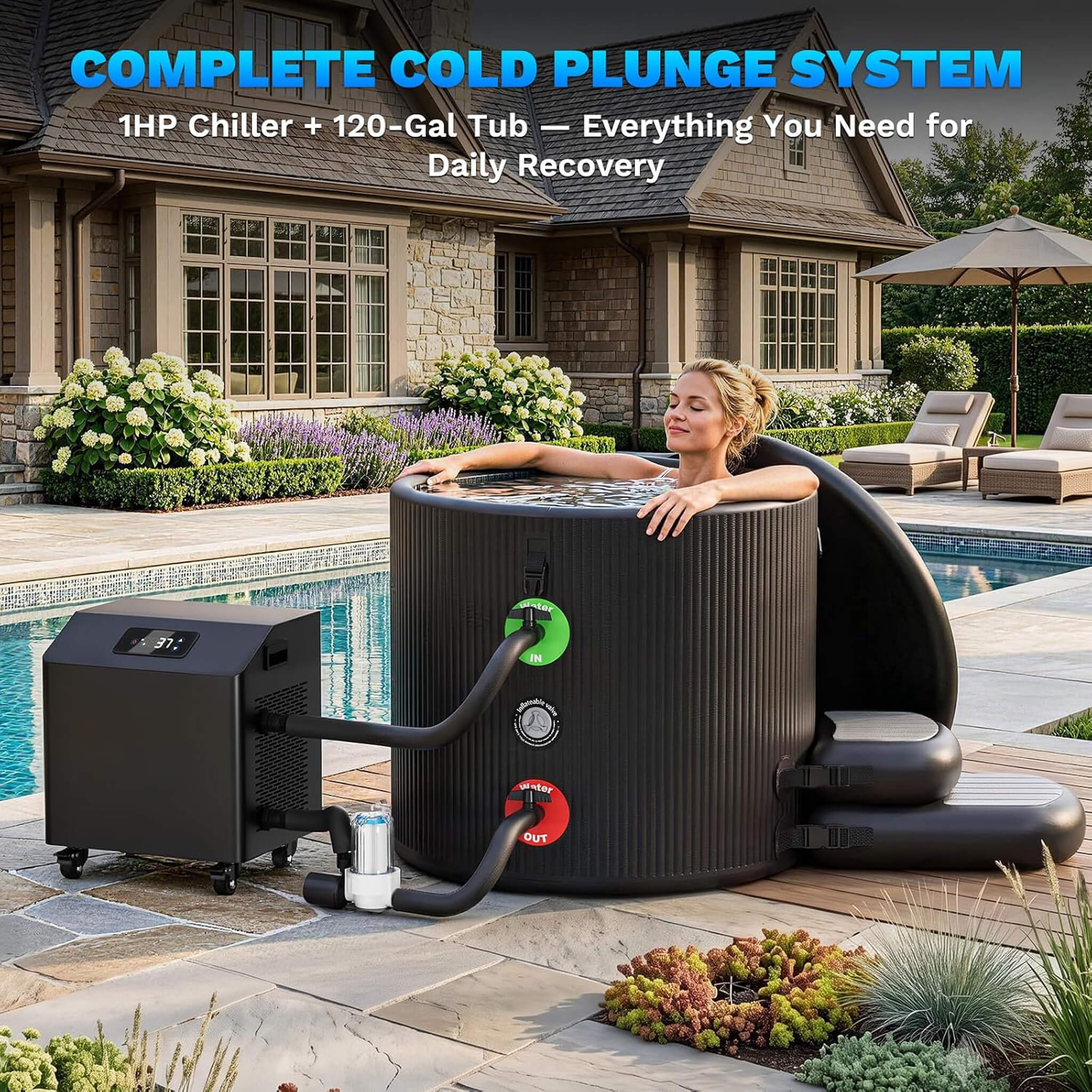 FCP Premium XL 120 Gal Cold Plunge Tub Kit With 1HP Chiller, Filter, And Pump