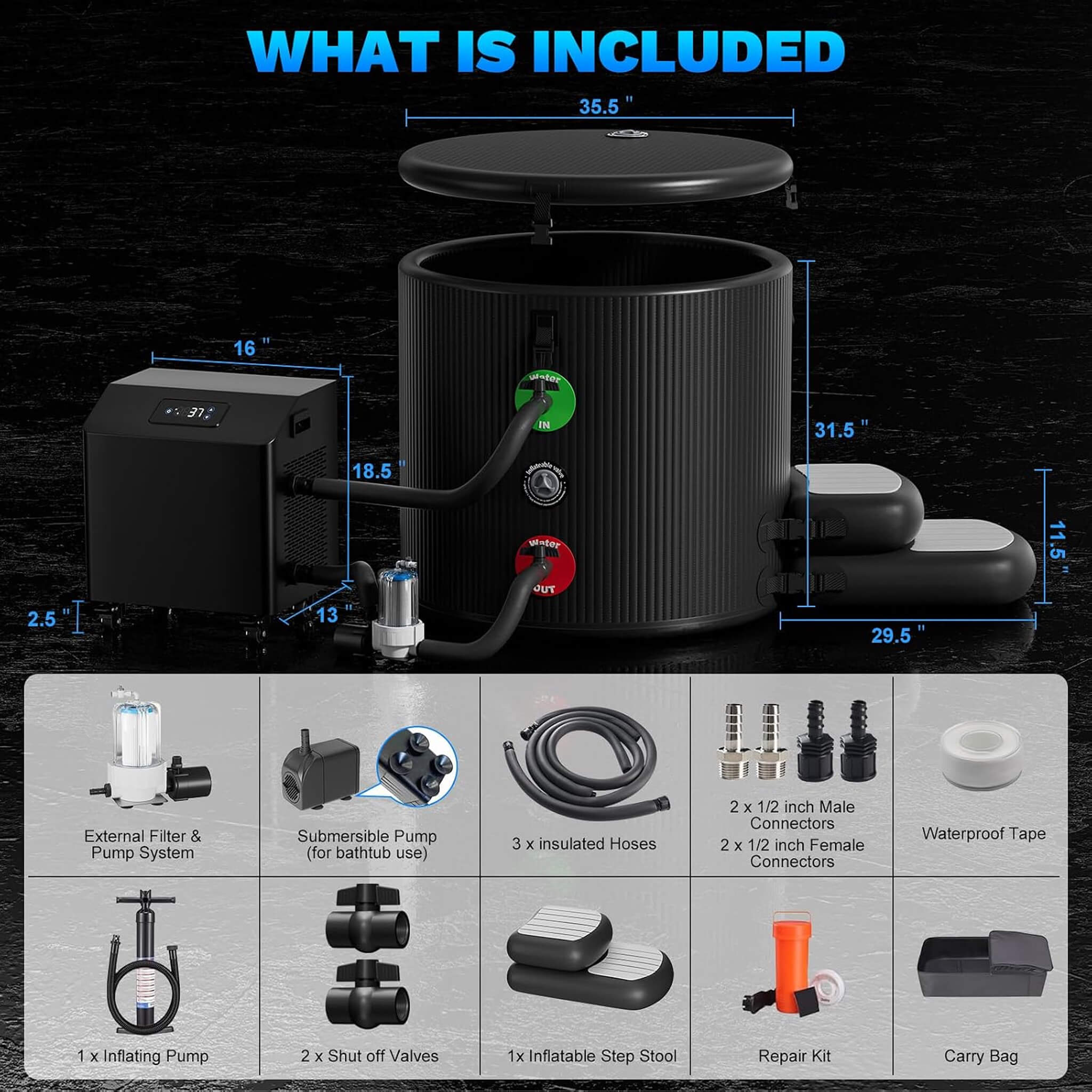 FCP Premium XL 120 Gal Cold Plunge Tub Kit With 1HP Chiller, Filter, And Pump