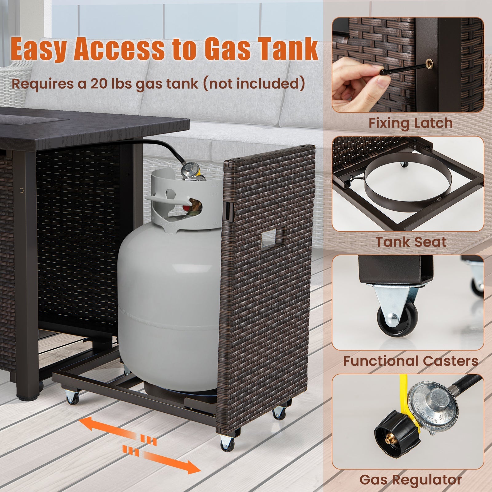 50000 BTU 2 Inch ropane Gas Fire Pit Table with Wind Guard and Glass Rocks-Brown