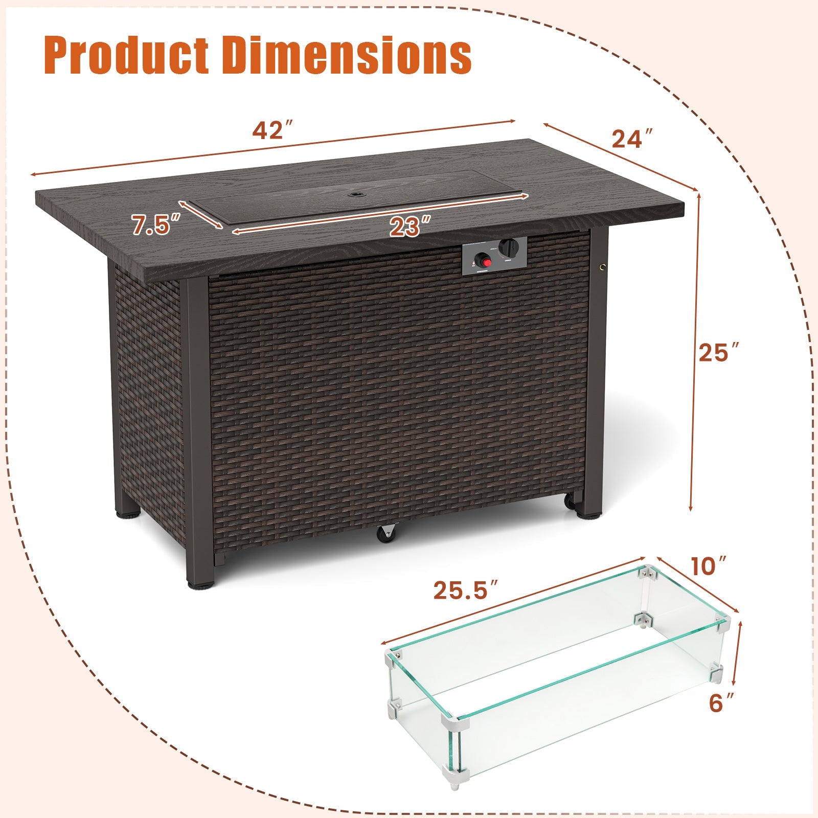 50000 BTU 2 Inch ropane Gas Fire Pit Table with Wind Guard and Glass Rocks-Brown