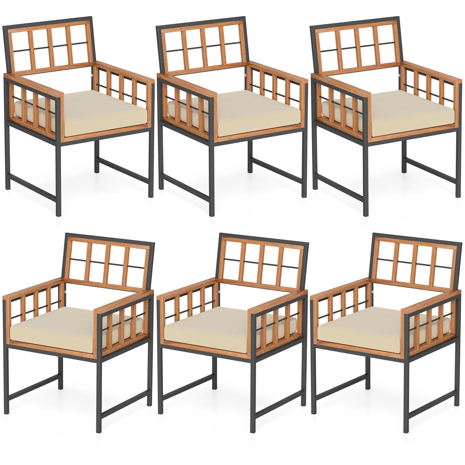 Set of 6 Patio Dining Chairs Acacia Wood Armchairs with Cushions