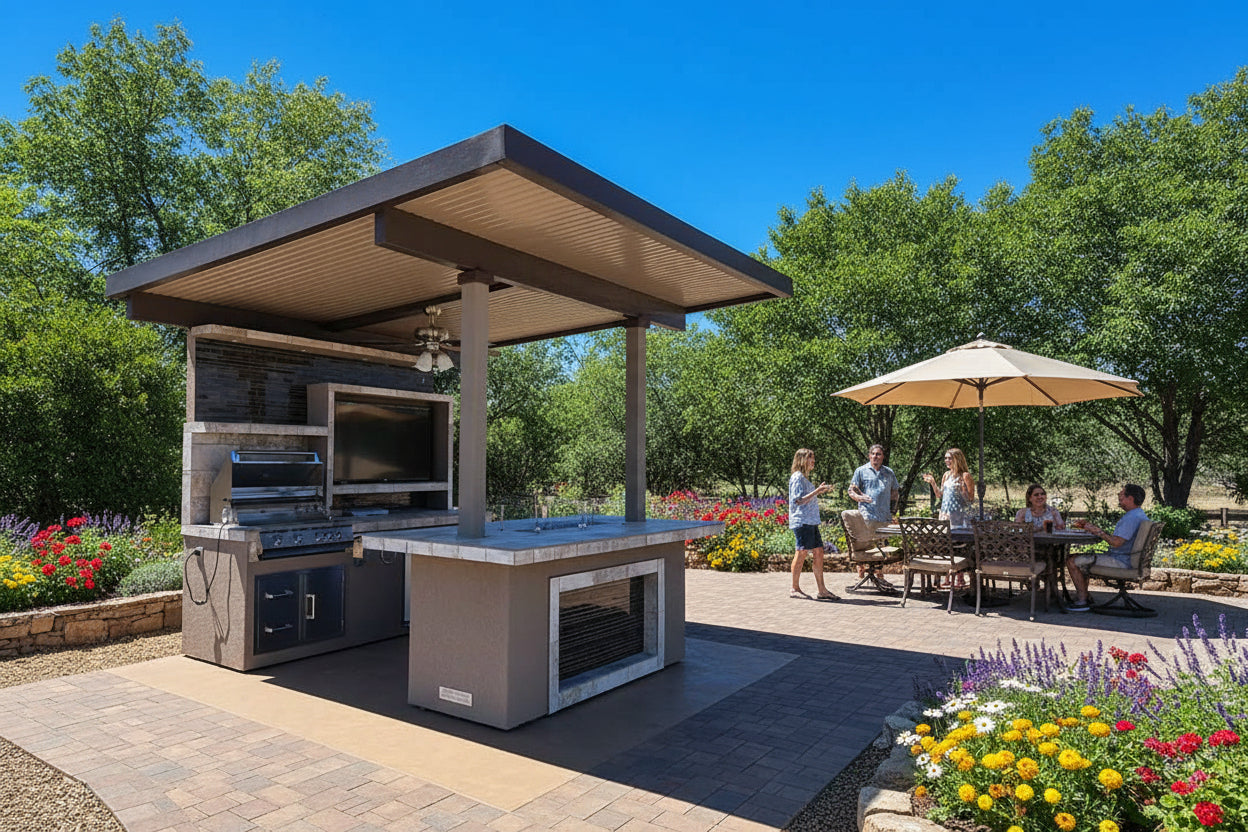 KoKoMo Baja Outdoor Kitchen with 12x12 Patio Cover – Complete Modular BBQ Island with Grill, Fridge & Bar Seating