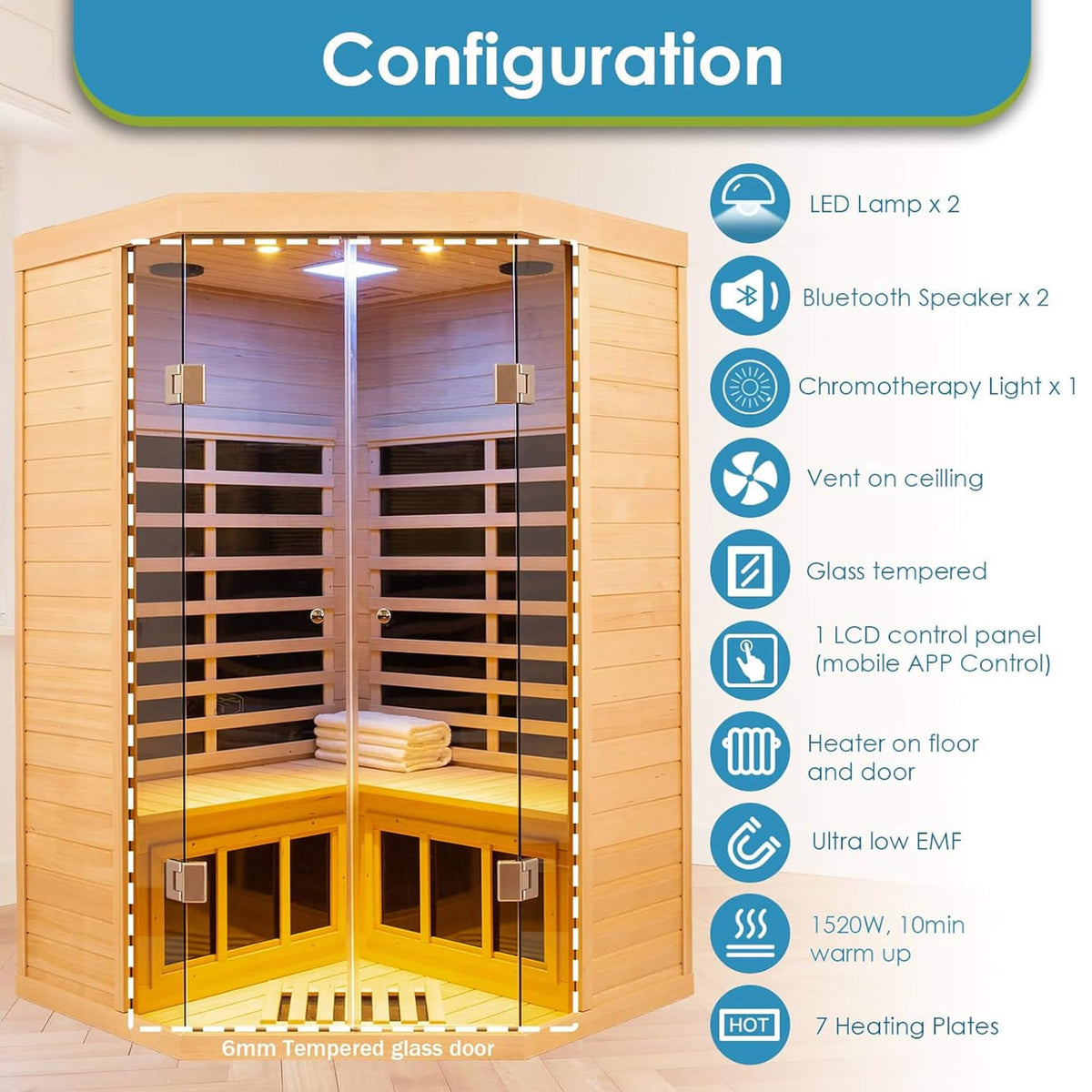 Thermora Norix Premium 2-Person Corner Space Infrared Wooden Sauna Room With Bluetooth Speakers, 1600W