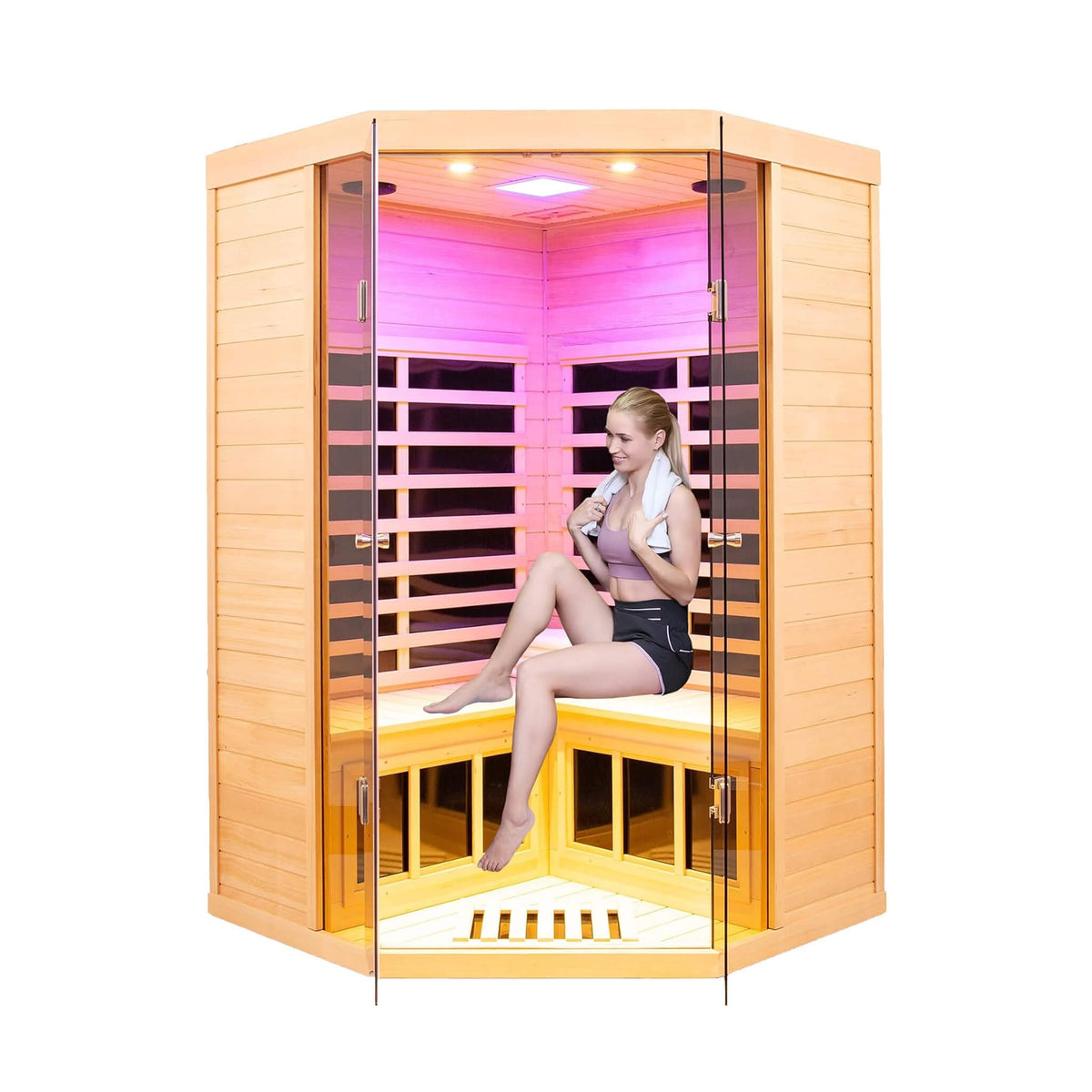 Thermora Norix Premium 2-Person Corner Space Infrared Wooden Sauna Room With Bluetooth Speakers, 1600W