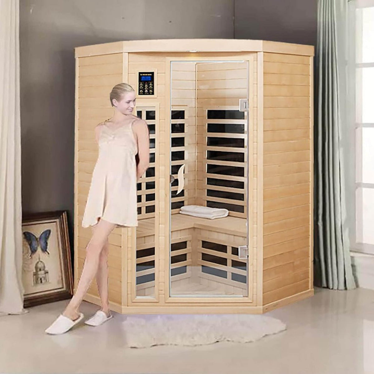 Thermora Norix Premium 2-Person Corner Space Infrared Wooden Sauna Room With Bluetooth Speakers, 1600W