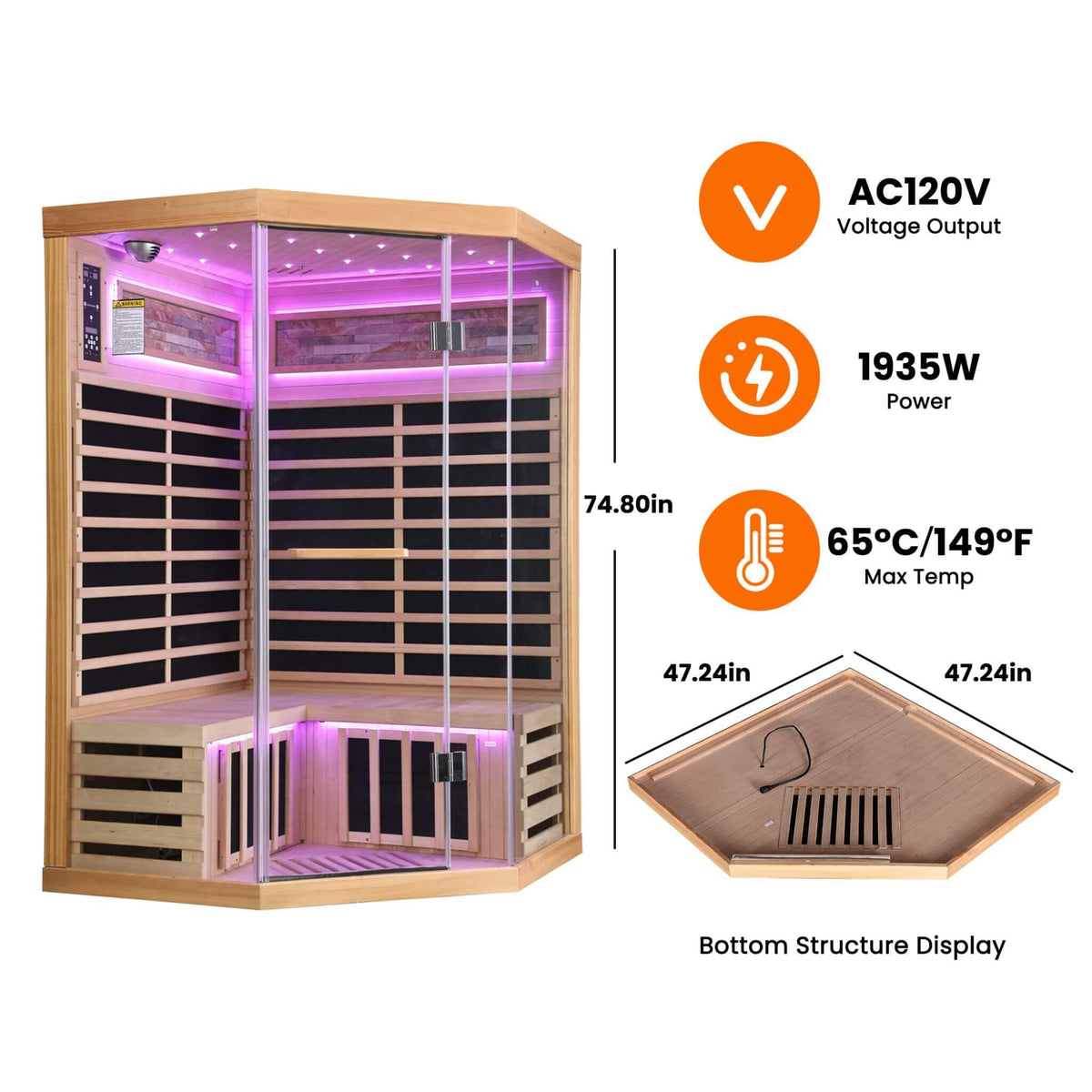 Ember Premium Canadian Hemlock 2-Person Indoor Infrared Sauna Room With Glass Front