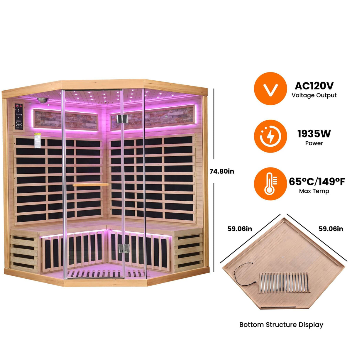 Aura Premium Canadian Hemlock Pentagonal Indoor Infrared Sauna Room With Glass Front