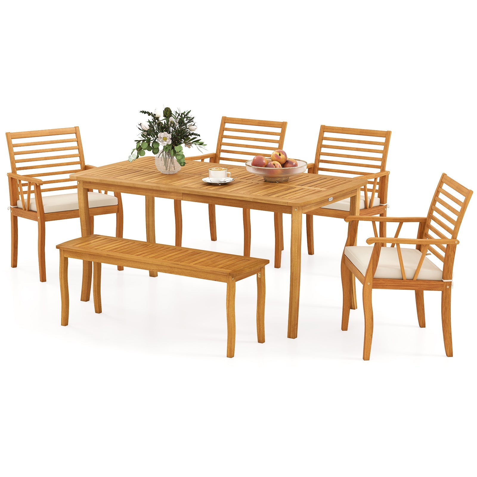 Acacia Wood Outdoor Table and Bench Chairs Set with 1.97 Inch Umbrella Hole