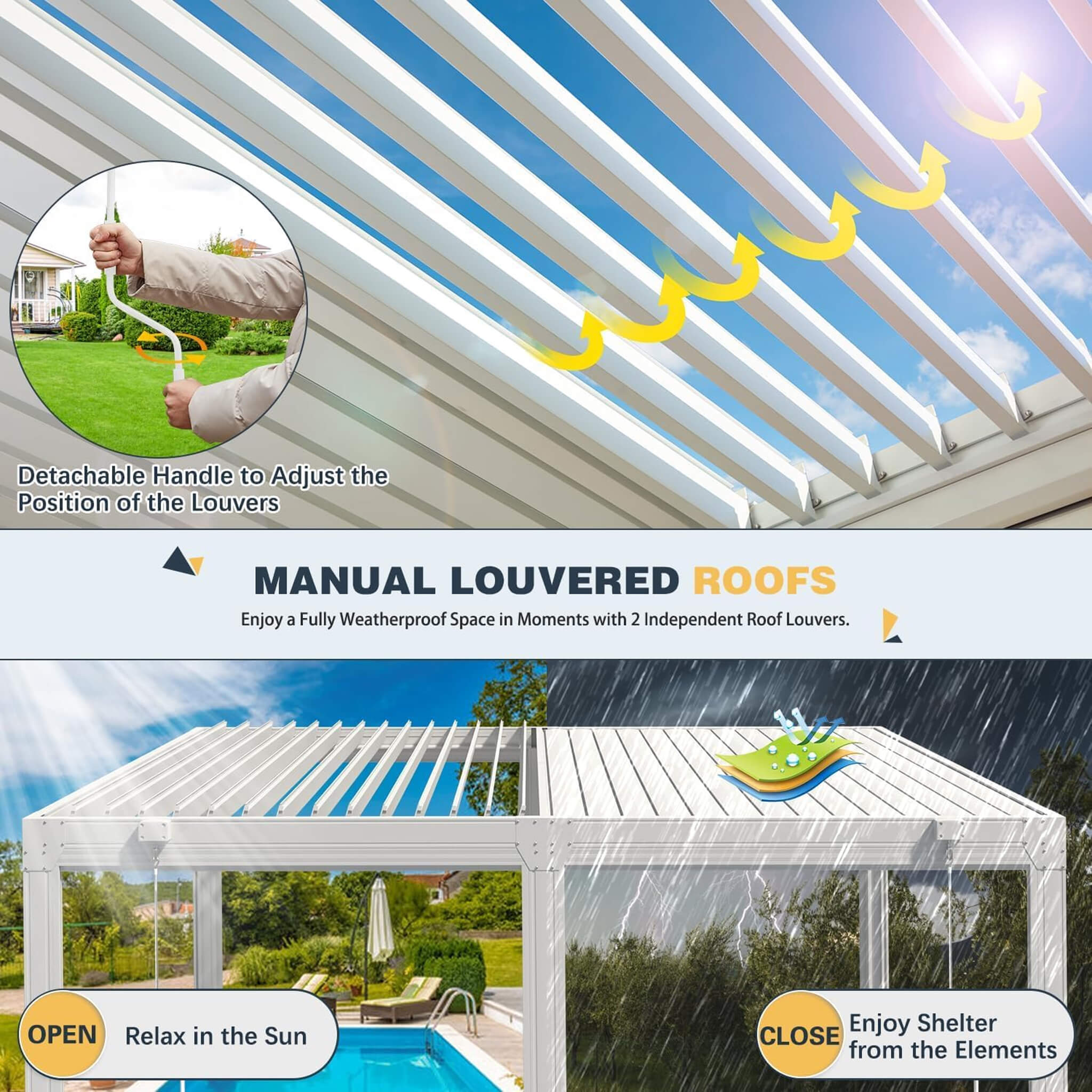 Alora White Louvered Aluminum Pergola With Adjustable Roof And Pull-Down Screens (SAK46817)
